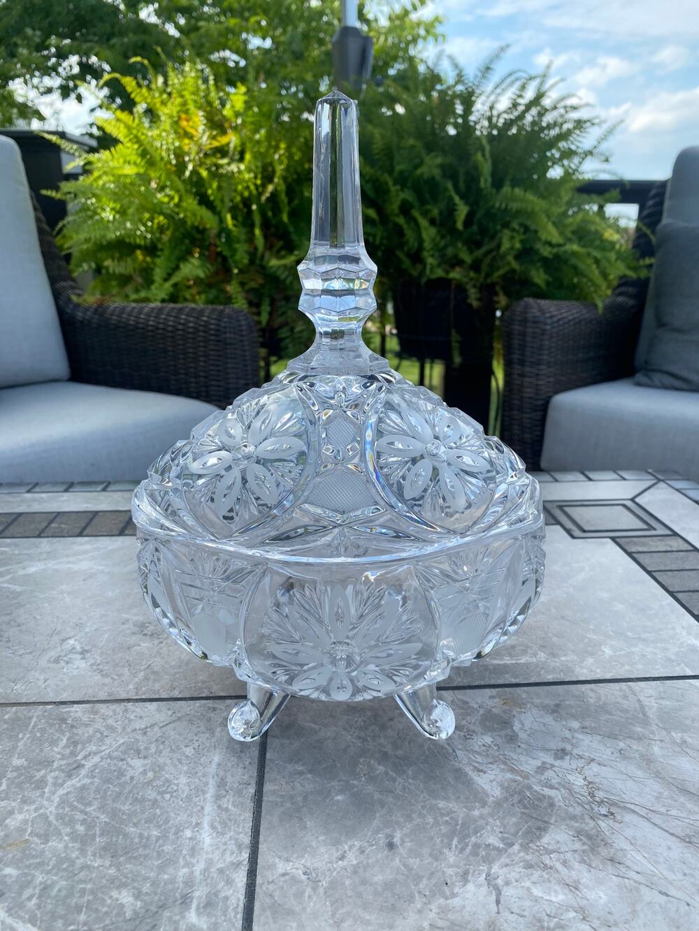 Fifth Avenue Portico Edged Glass Crystal Lidded Bowl 11" Tall Footed